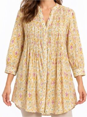 Rock Flower Paper Medium Cotton Floral Pintuck Tunic Yellow Pink Button Front